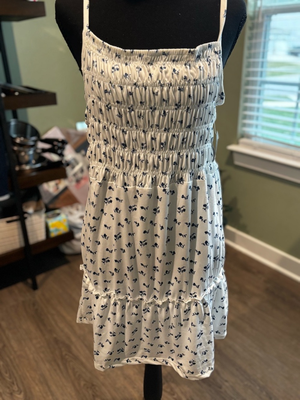 White Blue Floral Smocked Ruffle Straps Sleeveless Sundress Square Neck M